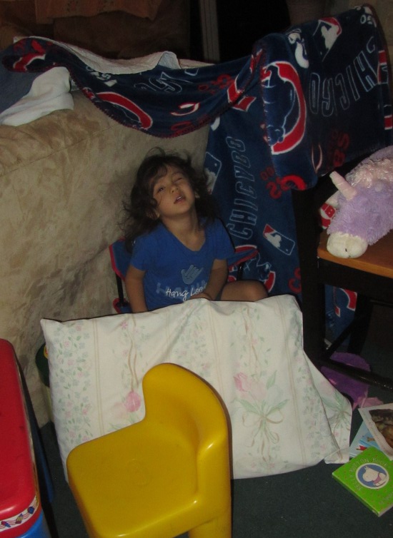 Winking in the Adik Cubs Cave (note the Cubs blanket and Cubs folding chair)
