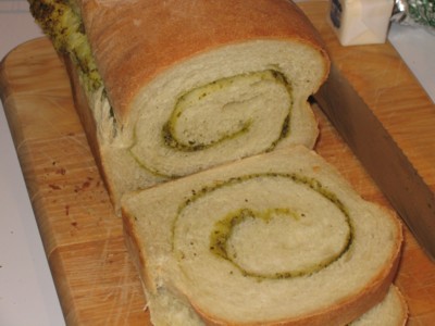 Close up of the sliced Pesto Bread