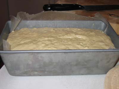 Rich batter in the loaf pan