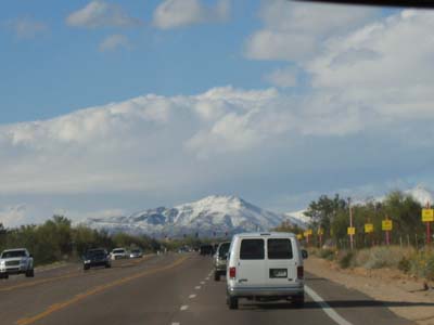Snow-capped mountain ahead