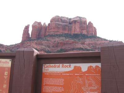 Cathedral Rock in the background from the signboard at the beginning of the trail