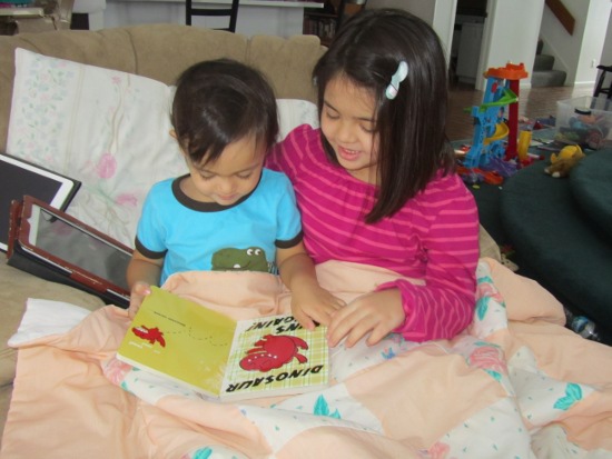 Yaya reads Dinosaur vs Bedtime to Adik