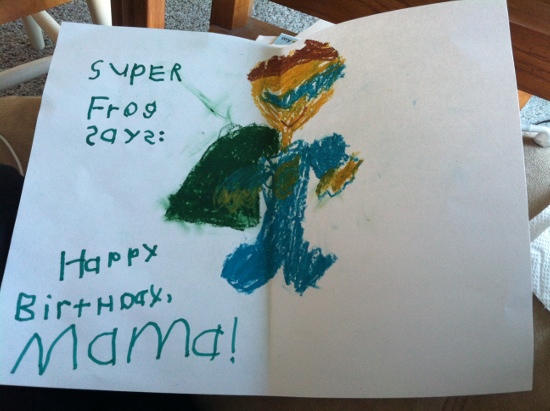 Yaya made me an awesome Super Frog card! She invented a super hero for my birthday!