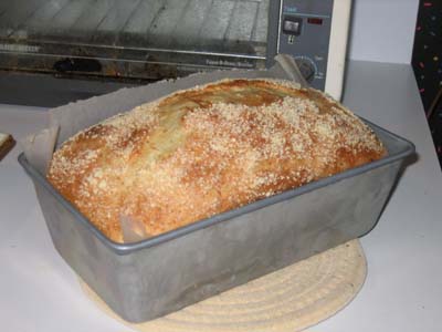 Cheese batter bread still in the loaf pan