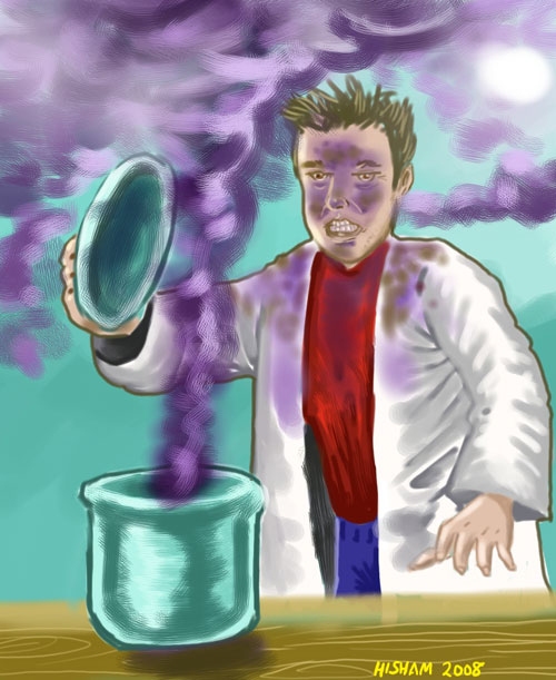 Yes. A guy in a lab coat is cooking something... maybe.