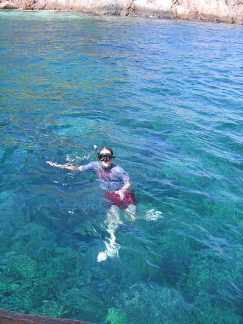 Vin snorkeling. You can see the shadows of the corals even here. The water's maybe 15-20 feet deep