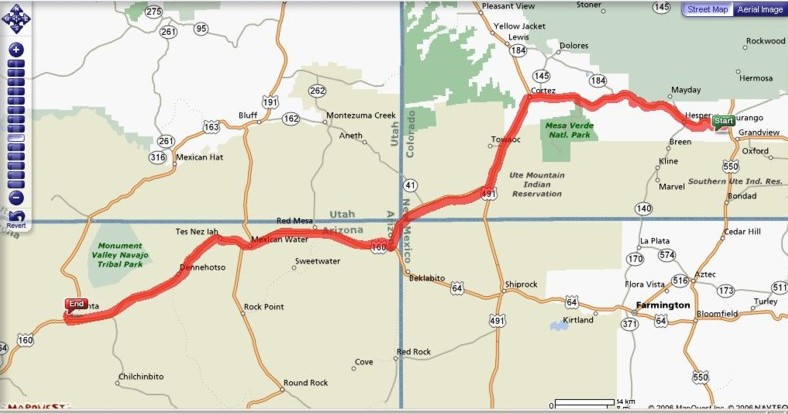 Route from Durango, Colorado to Kayenta, Arizona - note the meeting of 4 states in the middle of the map